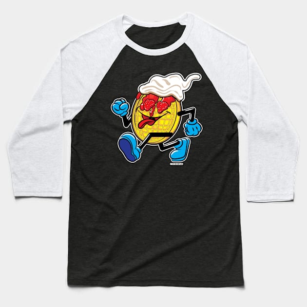 Happy Smiling Waffle Mascot strutting with Strawberries, strawberry syrup and whipped cream Baseball T-Shirt by eShirtLabs